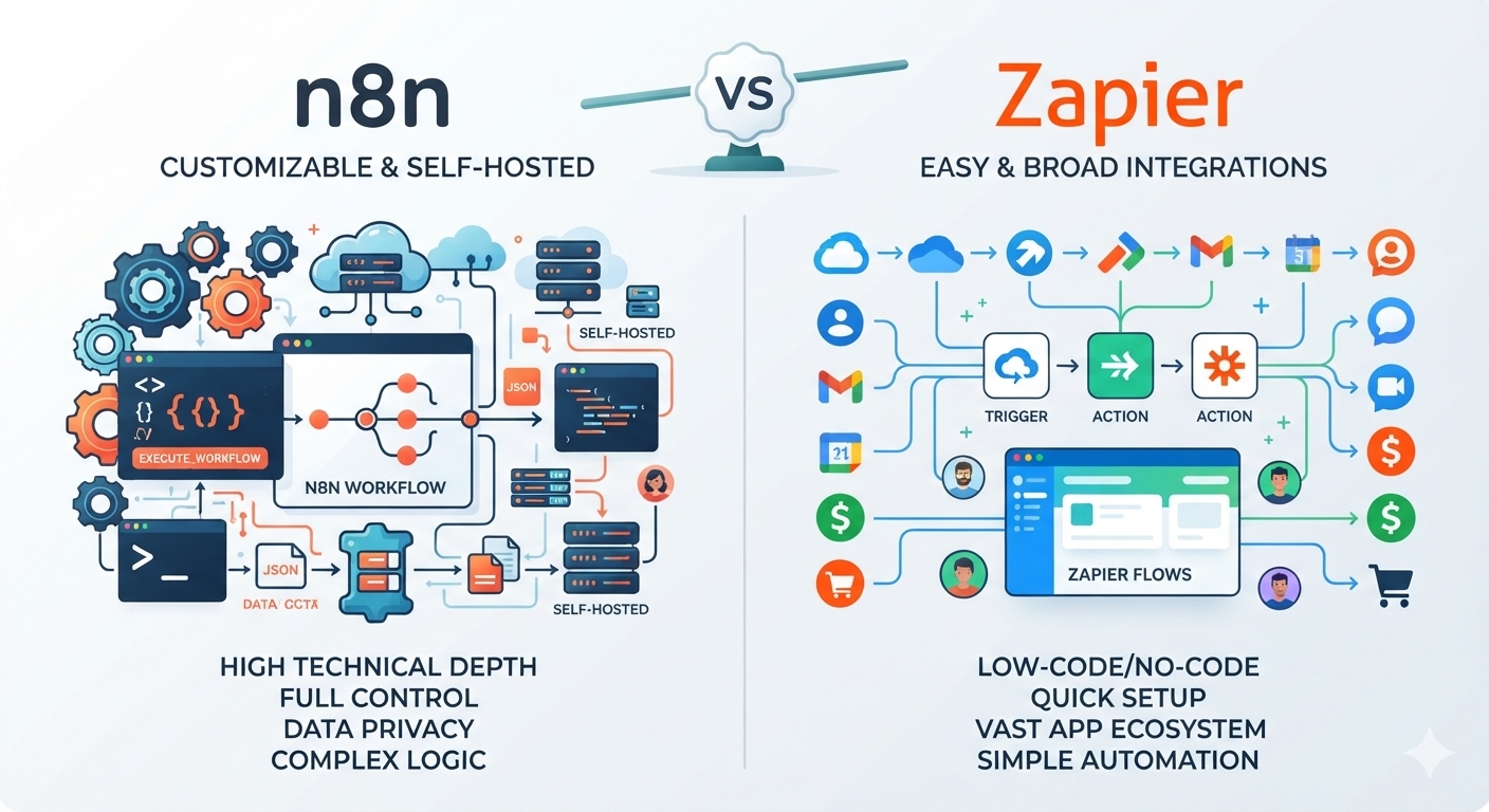 A visual comparison of n8n vs Zapier, highlighting n8n's technical flexibility and self-hosting and Zapier's extensive integrations and ease of use.